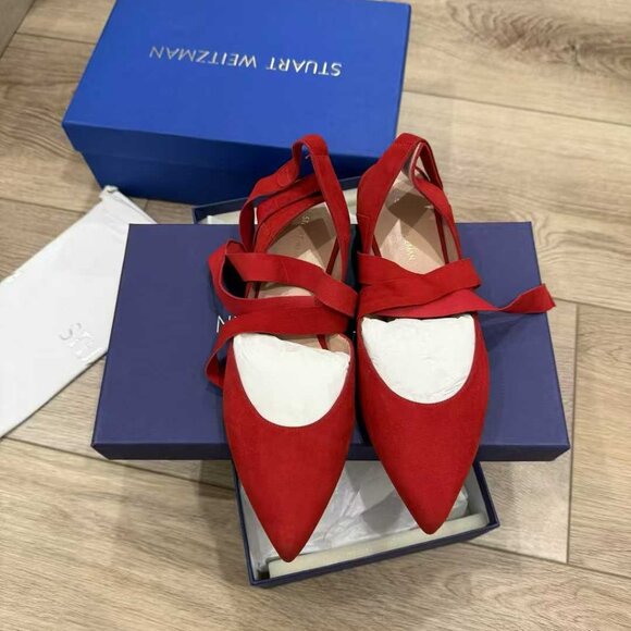 NIB Authentic Stuart Weitzman "Supersonic" Red Suede Ankle-Wrap Flats - Picture 2 of 6